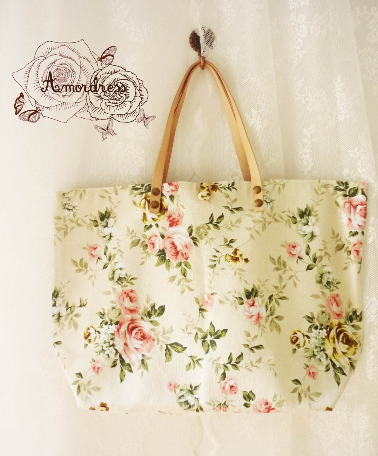 Floral Tote Bag Printed Canvas Bag Genuine Leather by Amordress