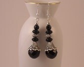 Black Onyx Faceted Beads with Pewter Bead Caps and Spacers Dangle Earrings