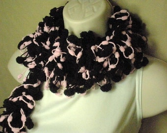 Pastel Pink and Black Pom Pom Scarf