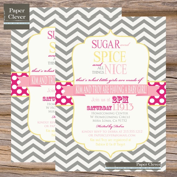 Girls baby shower invitation, pink, yellow, gray, chevron - digital file, printable #1523 Il_570xn
