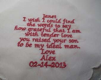 Personalized Wedding Handkerchief. Mother of Groom gift from bride Custom Made