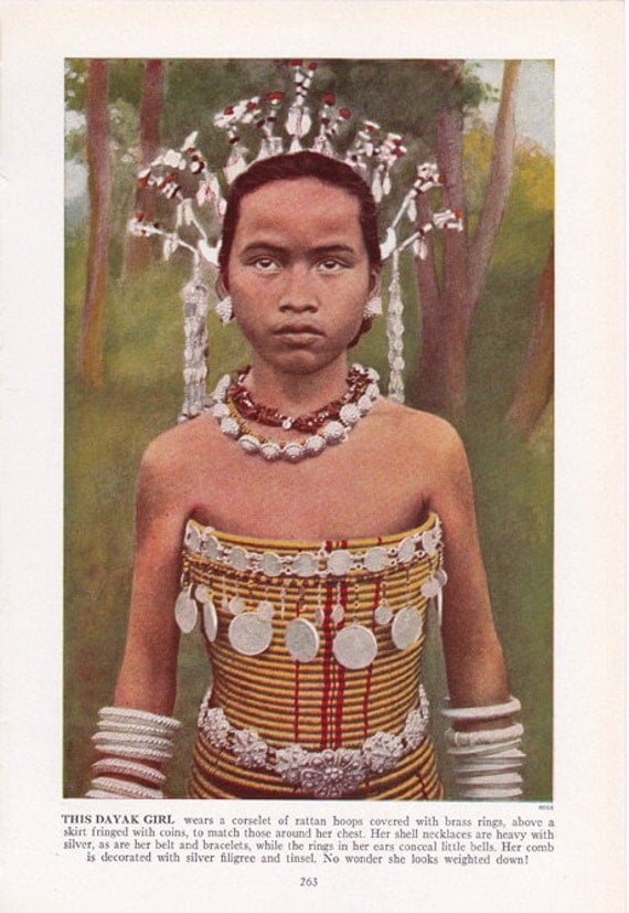  Dayak  girl from Borneo  color plate from 1940 s by 