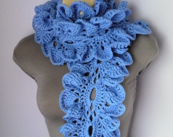 Crochet Scarf, Neckwarmer, Ruffle Scarf women blue, sjaal, bufanda, cachecol, sciarpa, Schal, foulard, echarpe