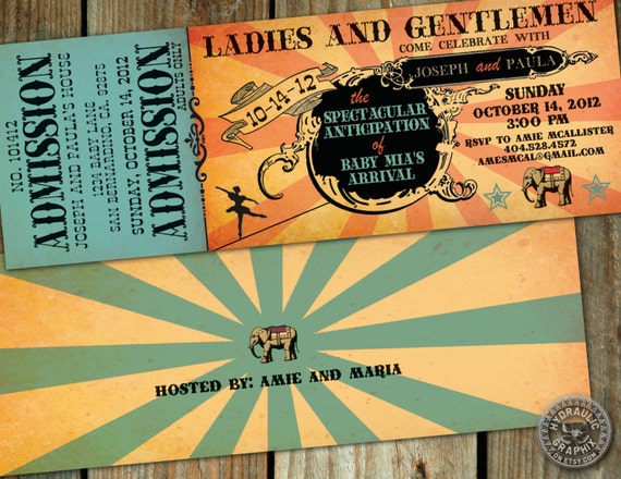 Circus Party or Baby Shower Ticket Invitation - Circus or Carnival themed birthday, wedding or baby shower with ballerina - Gender Reveal Il_570xn