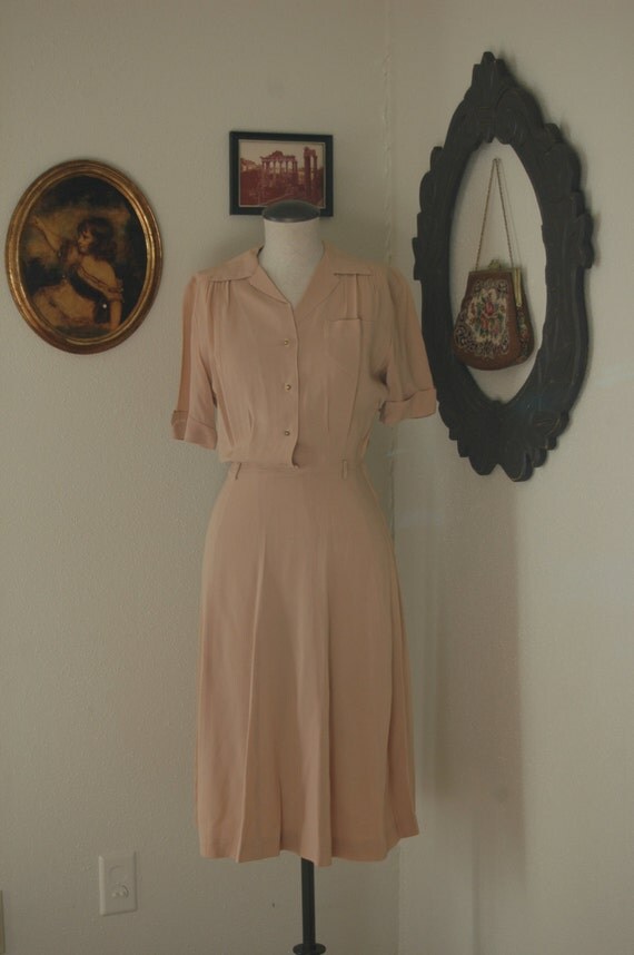 Vintage 1940s Nude Rayon World War II Era Swing Dress Size