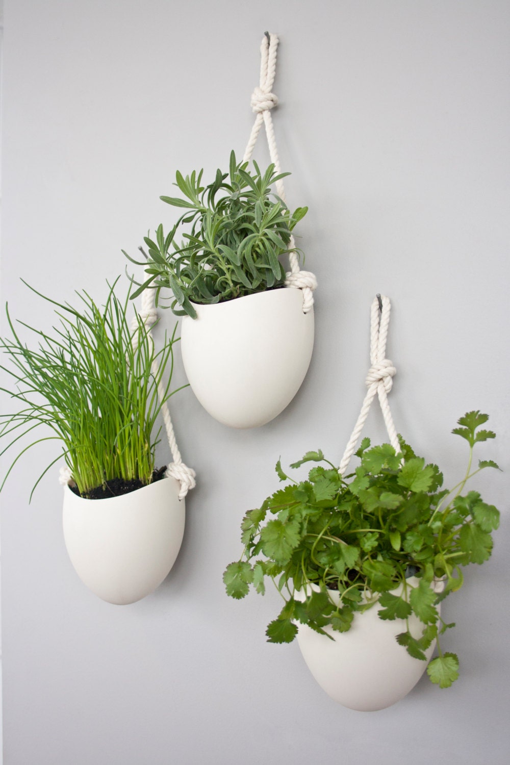 set of 3 porcelain and cotton rope hanging planters  Etsy 