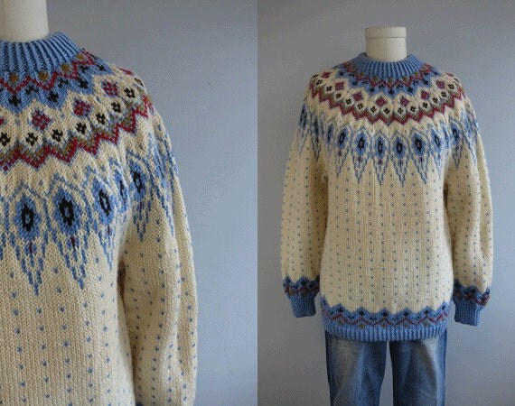 Vintage Nordic Fair Isle Sweater / 1960s Hand Knit Wool