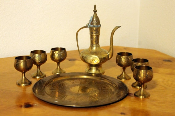 Vintage 8 Piece Indian  Brass  Mini  Tea Set  with 6 Goblets