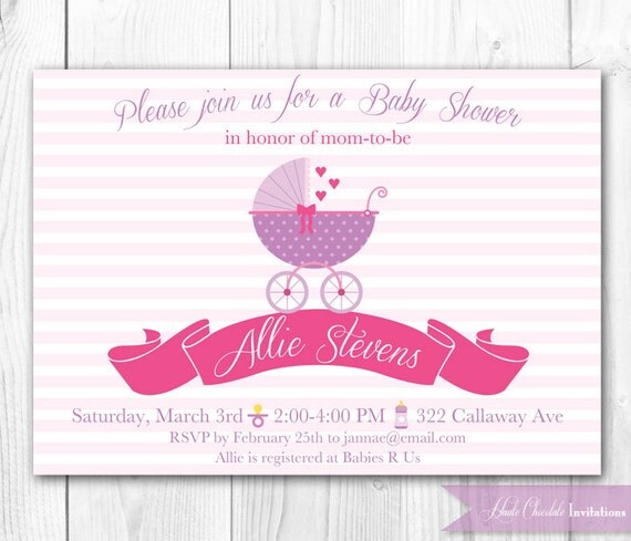 Baby Shower Invitation - Pink & Purple Baby Pram Invite. Printable Babys Shower Invitation. Il_570xn