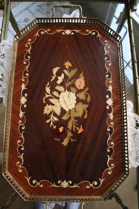 Vintage Italian Inlaid Wood and Brass Tray
