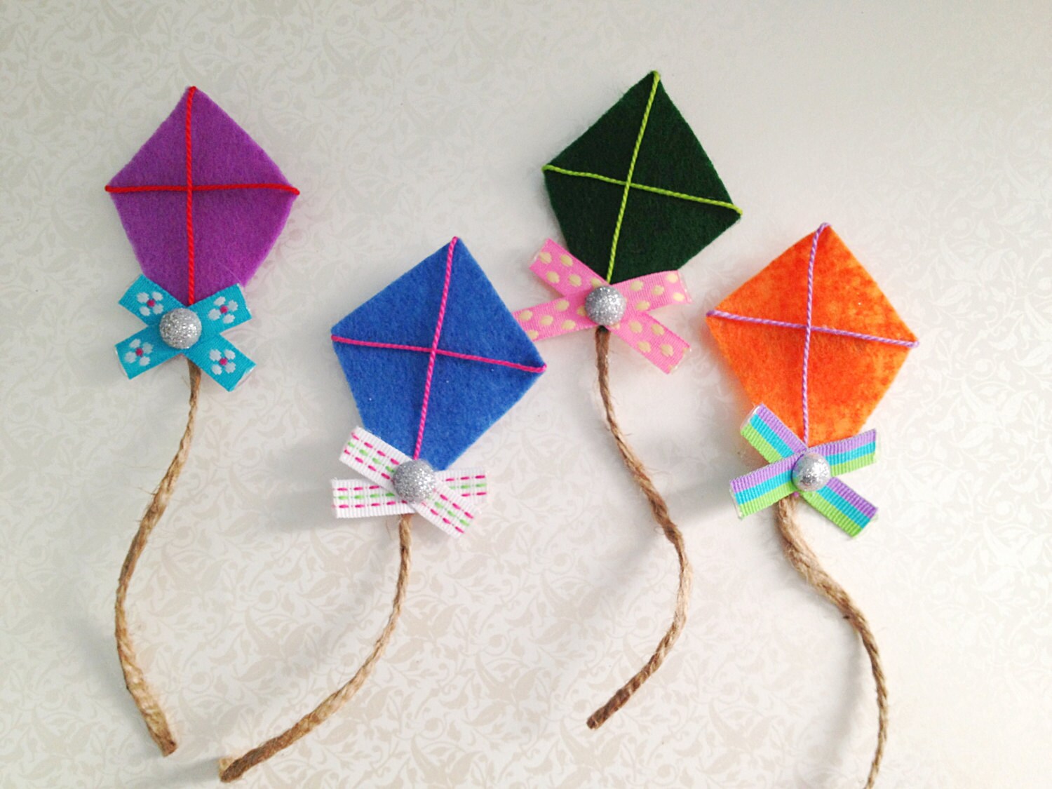 Felt Kite Brooches. Pins. Set of 4. Colorful. Rainbow. Fun.