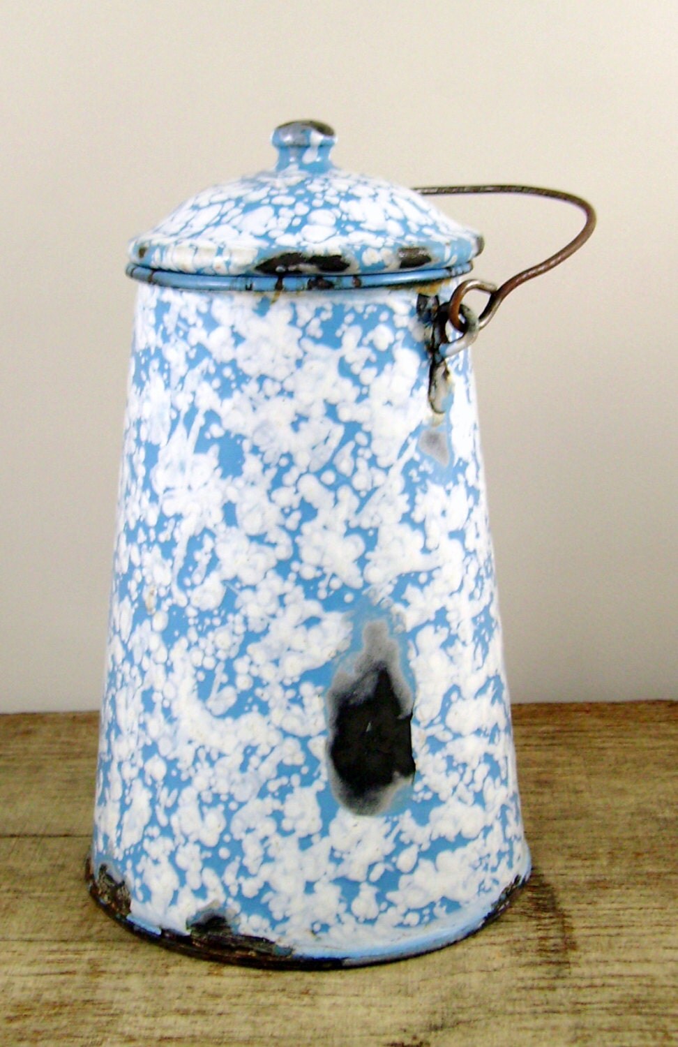 Vintage French enamel milk pot blue enamel pot vintage