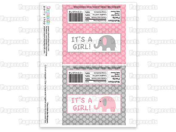 Printable DIY Pink and Grey Elephant Theme Personalized Baby Shower Hershey Chocolate Candy Bar Wrappers