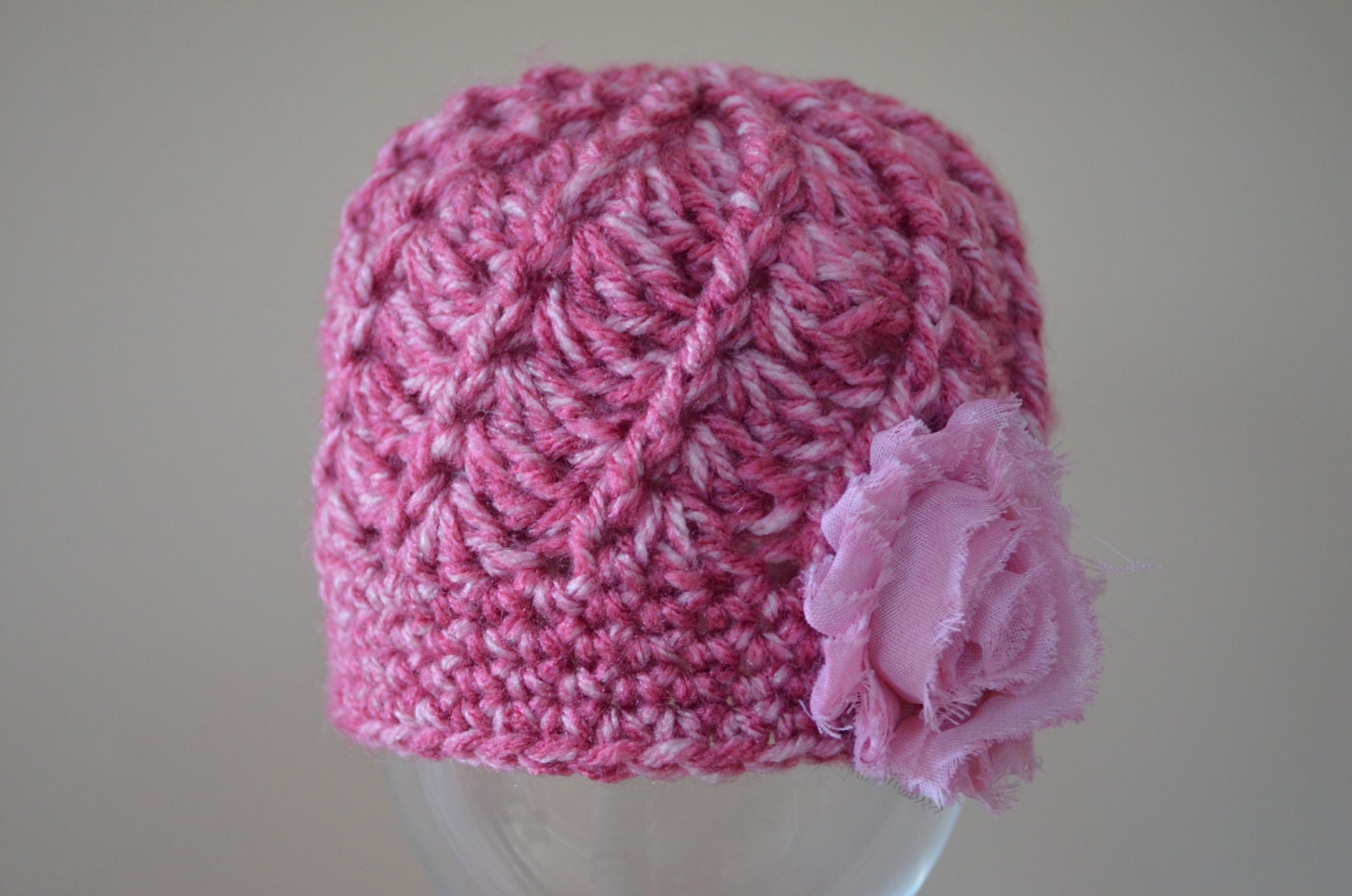 Crocheted Spiral Beanie Pink Shabby Flower Photo Prop Girls