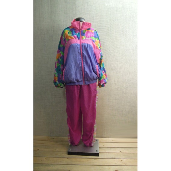 80s / 90s Pink NEon Polka Dot Rainbow Gym Suit by UptownHandyRanch