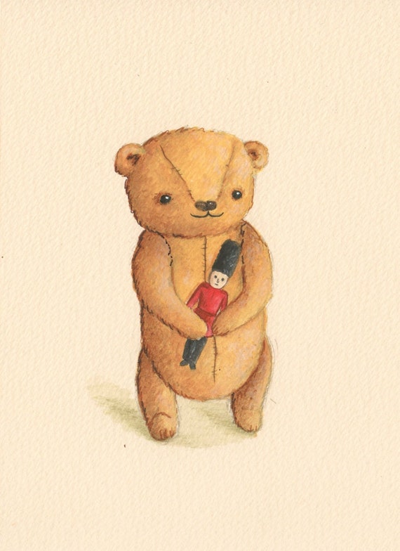 Teddy Bear with Toy Soldier art print, Newborn Art, Baby's Bedroom Illustration, Nursery Decor, Baby Gift, Nursery Art Print, London Art