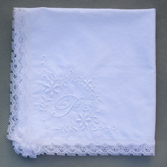Monogram Initial Letter Embroidered White Cotton Lace by Mamahanky