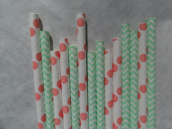 Chevron Paper Straws, Mint & Coral Dots, 50 Pack, Teal and Salmon Paper Straws Il_570xn