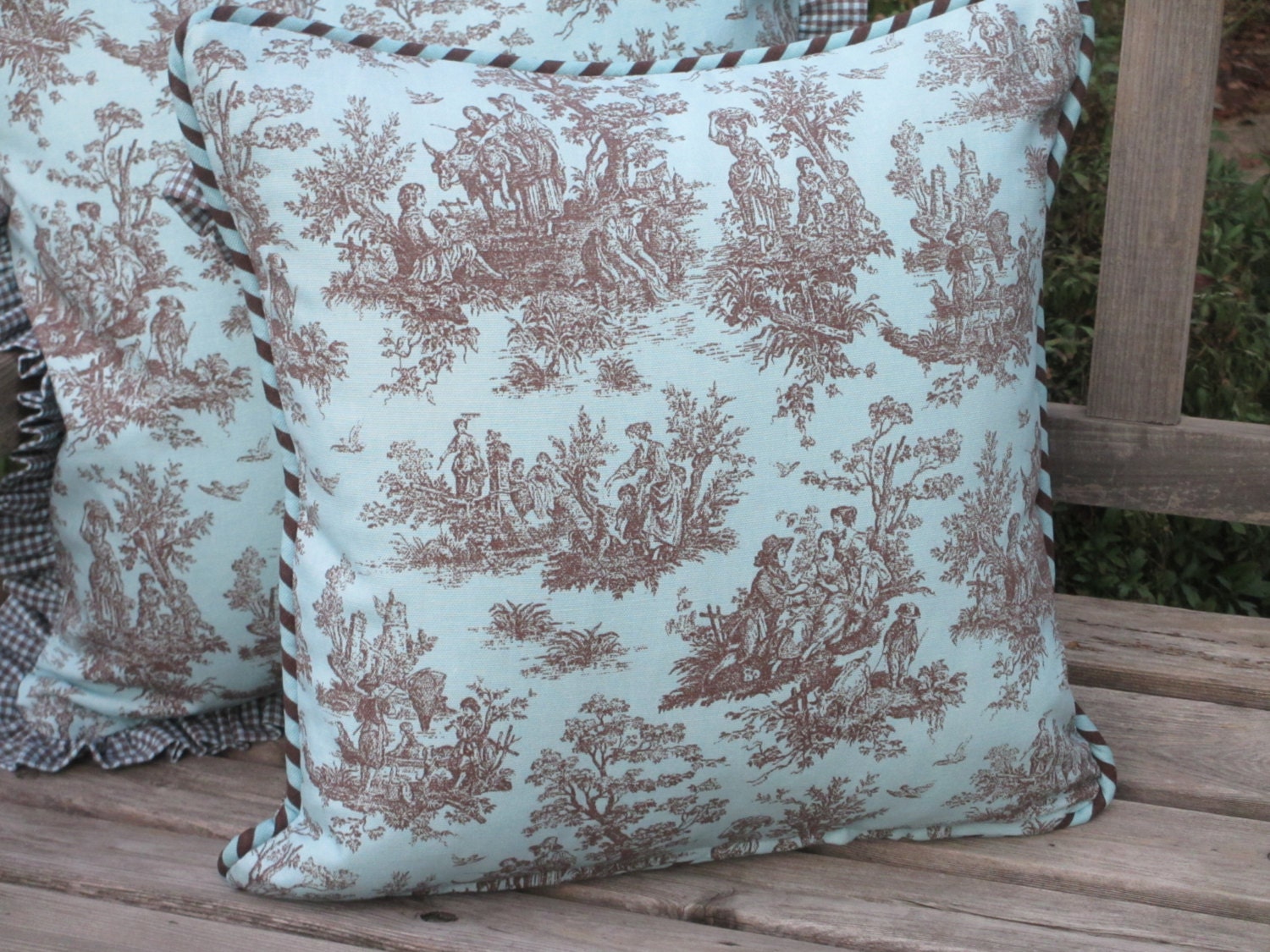 French Country Pillow Cover Aqua Toile Pillow Envelope Style