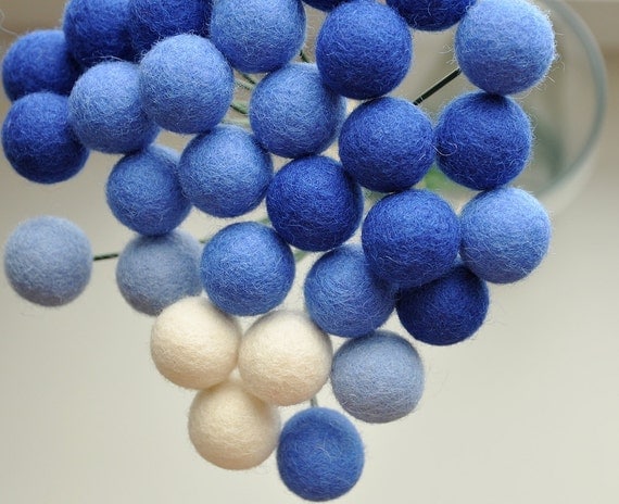 Blue craspedia flowers -  felt wool pompoms