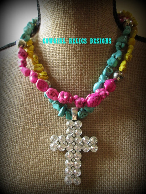 Chunky Western Necklace Hot Pink Turquoise Yellow