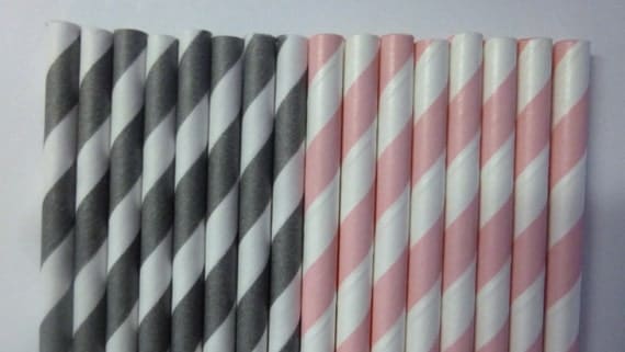 50 Light Pink and Light Grey Striped Paper Straws-  Food Safe, Biodegradeable, Soy Based Ink- Baby Shower Decorations