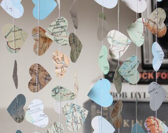 Atlas Garland, Map Garland, Paper Garland, Hearts Garland, Paper Hearts, Wedding Decoration - Made to Order, 10 feet long