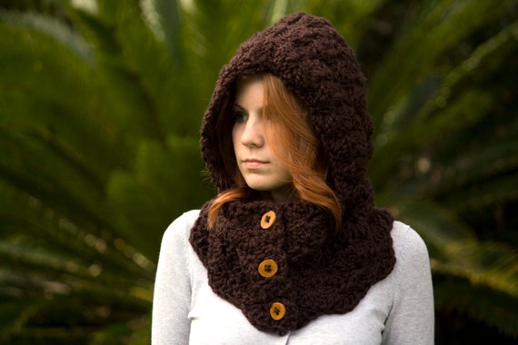 hooded cowl pattern crochet free with button Cowl, Crochet Wood Woodland hooded scarf, Scoodie Hooded Button Brown