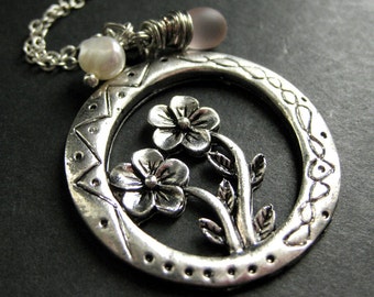 Spring Flowers Necklace. Charm Necklace in Silver with Clouded Pink ...