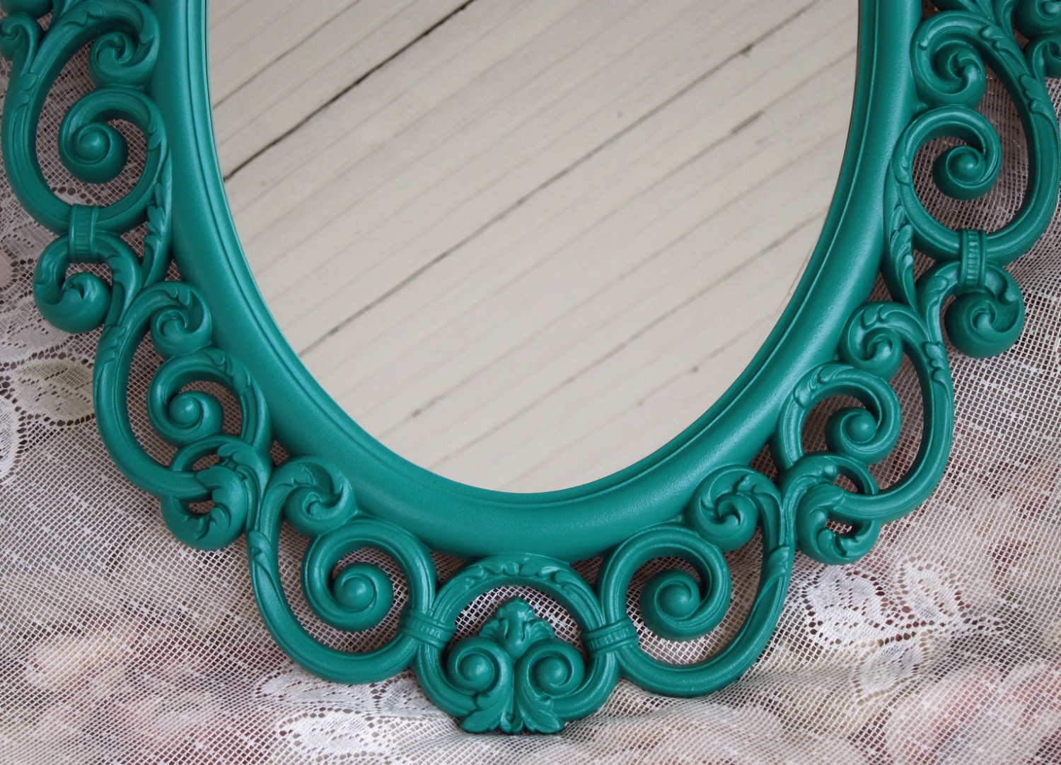 Vintage Teal Wall Mirror Ornate Oval Upcycled Cottage French