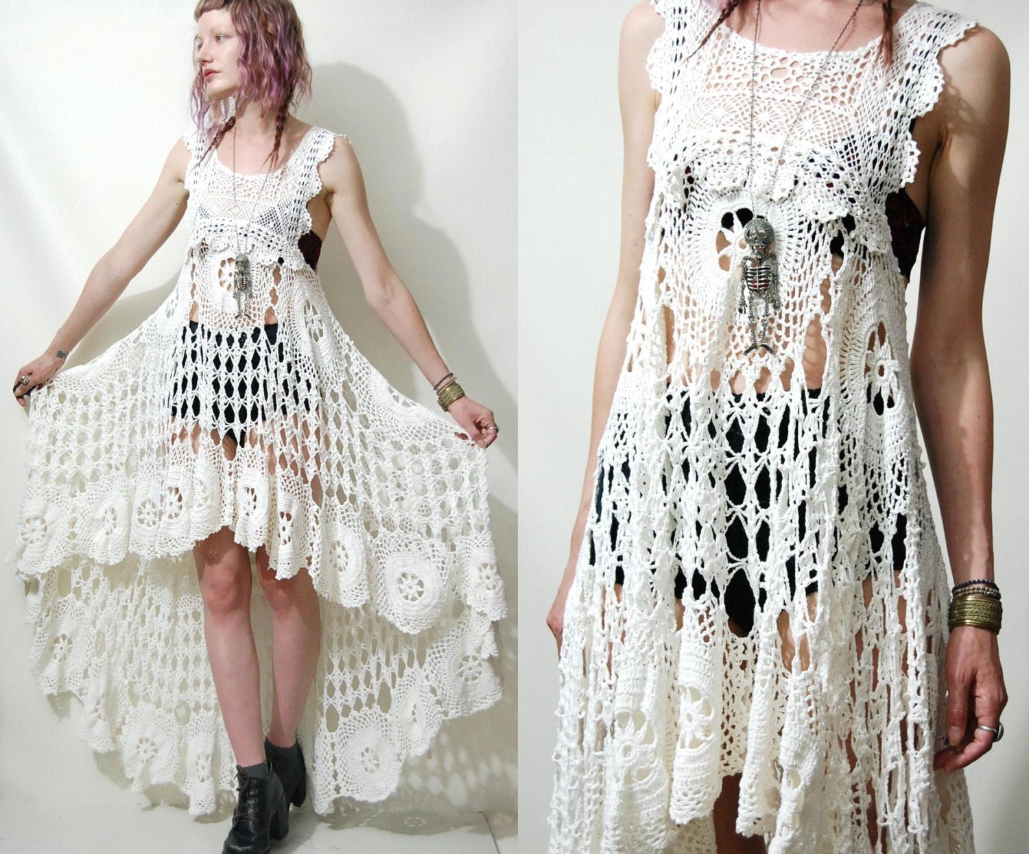 Crochet Dress VINTAGE LACE White Fishtail/Train Bohemian