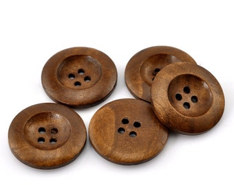 10 Brown Wooden Buttons - 25mm (1 inch) - 4 Holes - Round Sewing Wood Buttons 25mm (1") (21317)