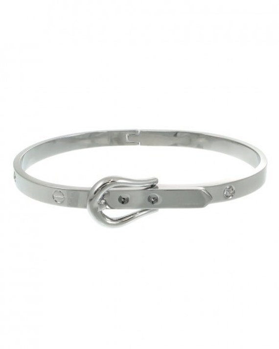 Cartier Inspired Belt Buckle Bangle Silver Bracelet with Rhinestones