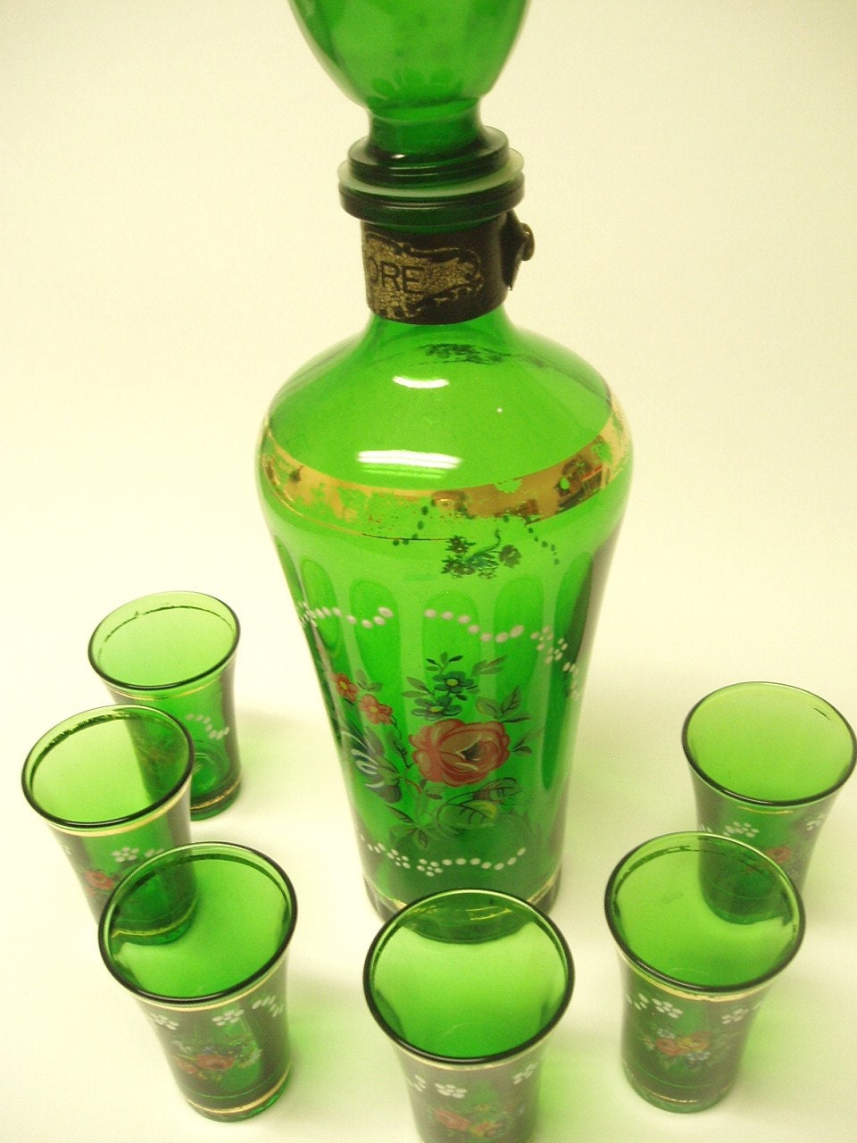 Vintage Glass Green Decanter Set With 6 Shot Glasses 