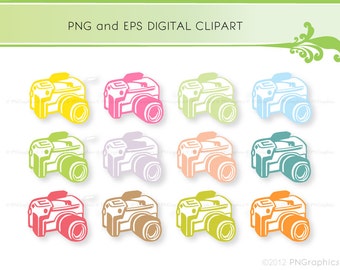 12 Colorful Cameras, Clip Art, PNG and Eps Files, Camera Clip Art