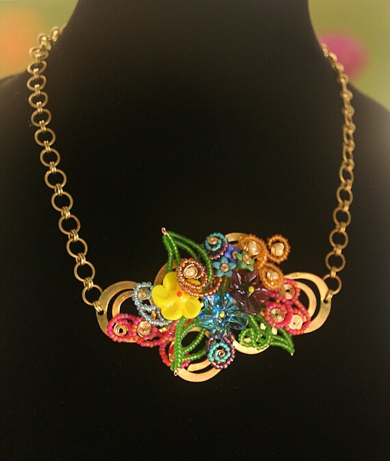 Hammered Brass & Glass Floral Necklace by