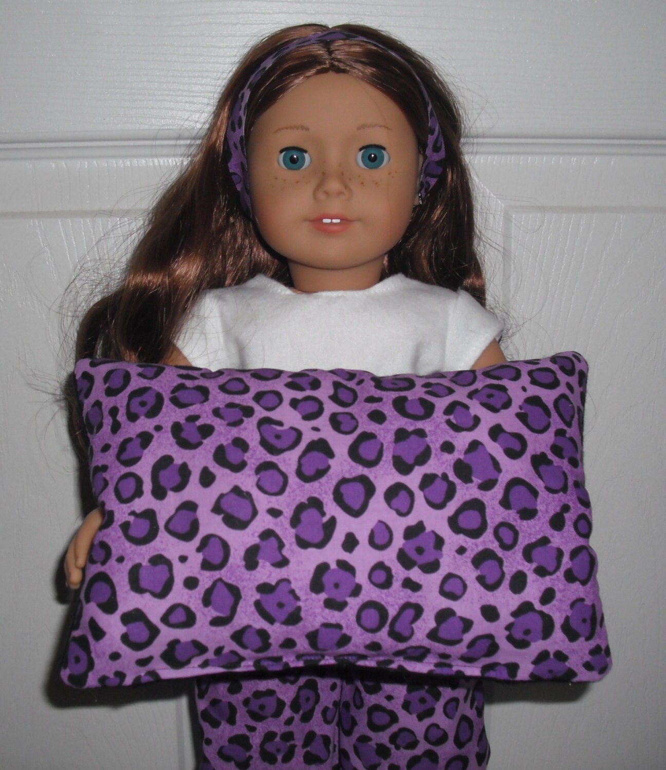American Girl 18 doll bed Pillow Purple Leopard print by mikeduffe