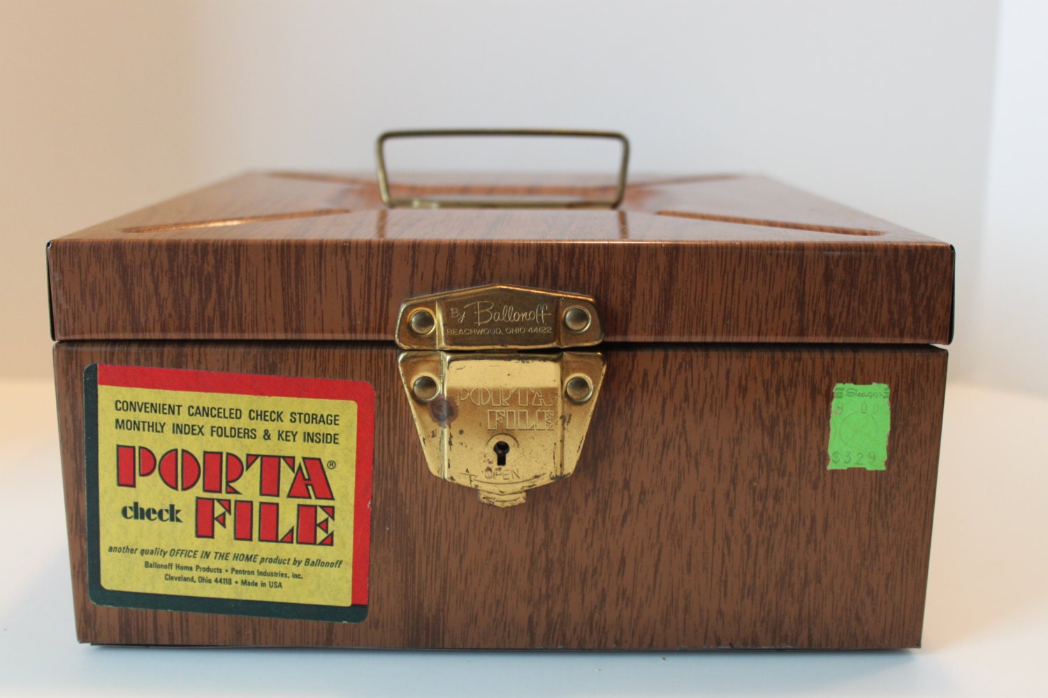 Vintage Porta File box with key. Brown faux bois Porta. Midcentury