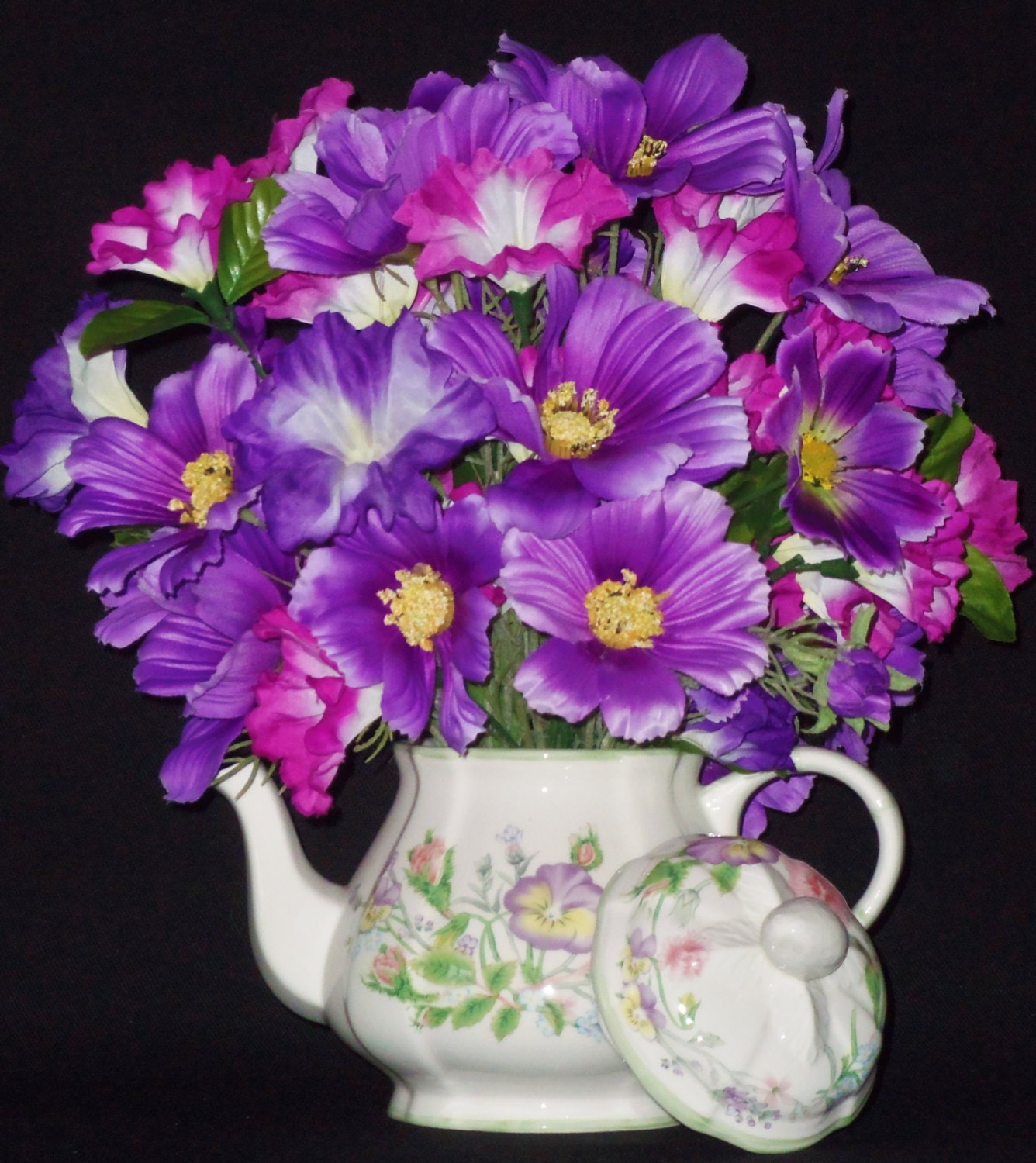 Teapot Flower Arrangement Purple Cosmos and Purple Petunias