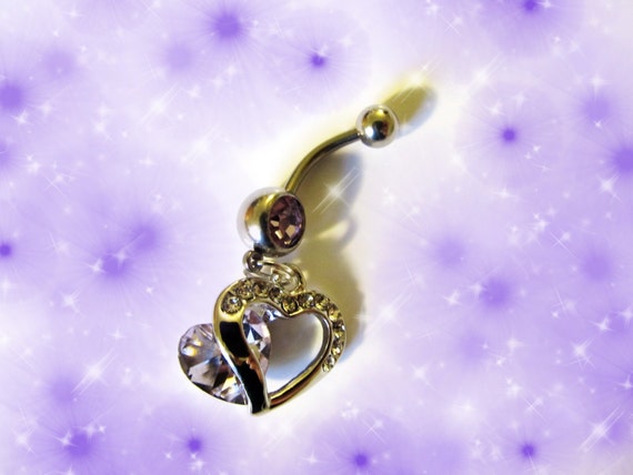 Belly Ring, 18K White Gold Purple Amethyst Austrian Crystal Double ...