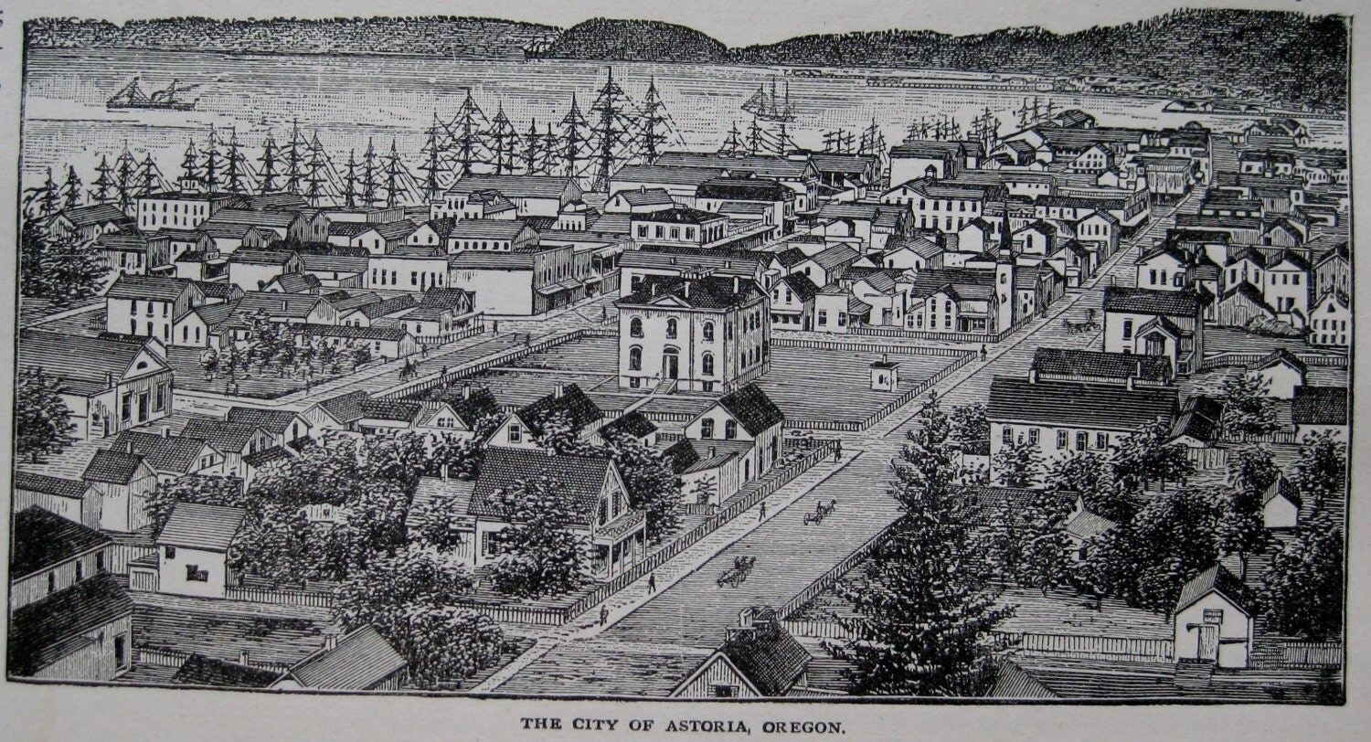 1889 ASTORIA Oregon Antique Print TOWN VIEW 1800s Vintage