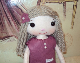 Olivia rag doll with heather pearl dress. Can be personalised