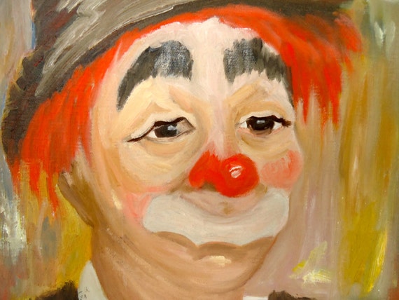 Oil PAINTING CLOWN ART Red Skelton On Canvas Sad Clown Mustache Clown Red Yellow Chocolate Brown Yellow Flower