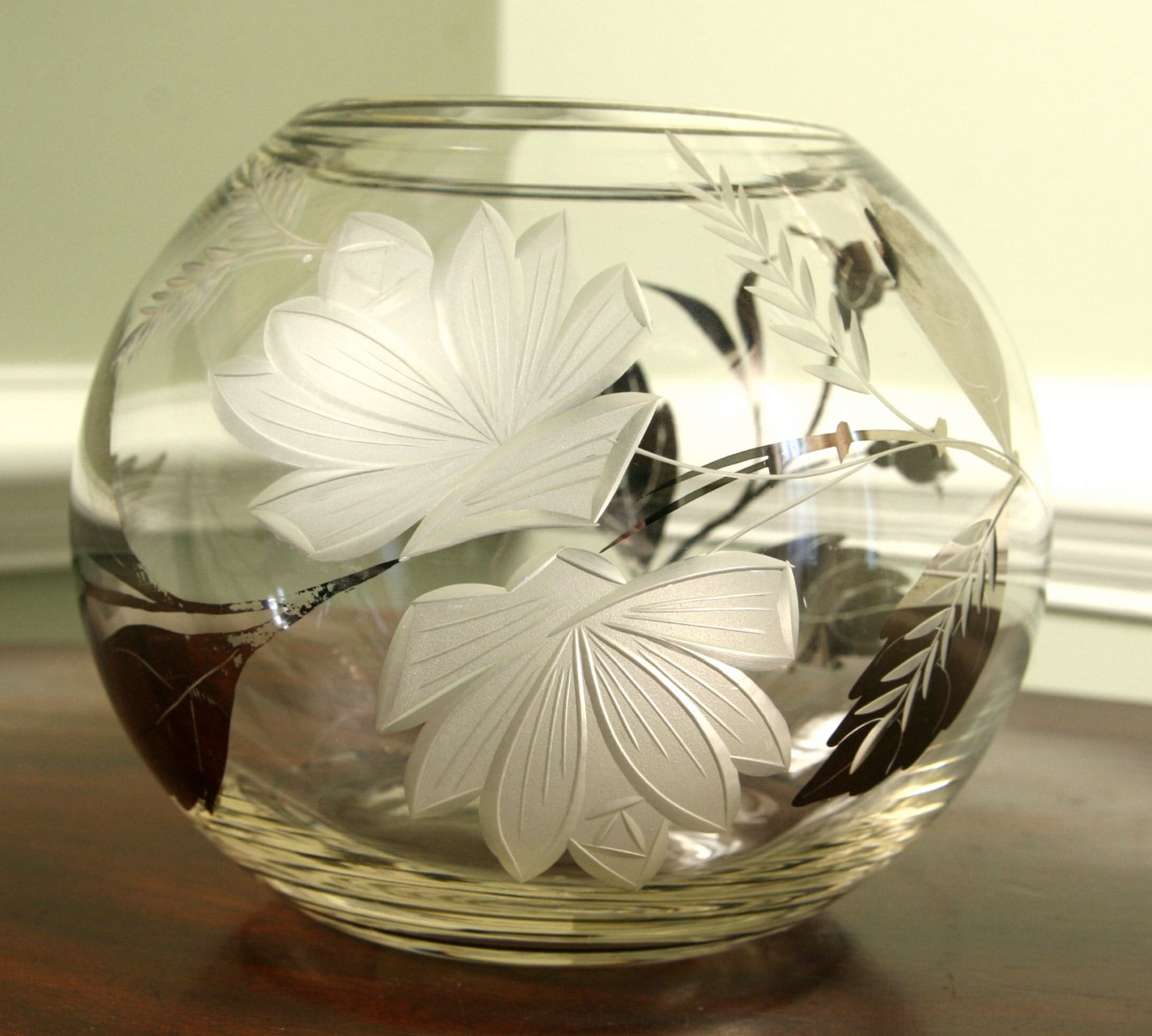 sale vintage etched glass sphere fish bowl vase with silver