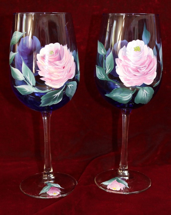 Hand Painted Wine Glasses Vintage Rose On Cobalt Blue Glass