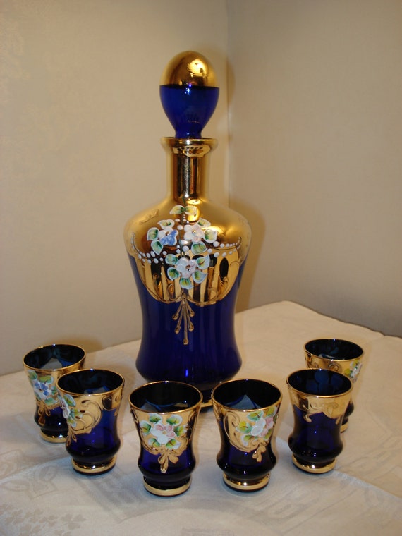 Cobalt Blue Murano Decanter Set with Gold and Flowers