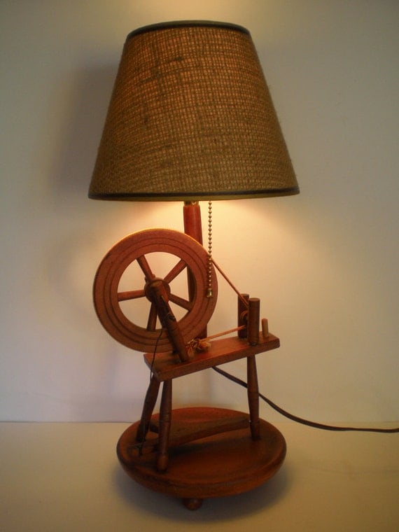 Wood Spinning Wheel Lamp Retro Light Lighting Burlap Shade