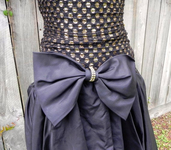 Black & Gold 80's Prom Dress with High-Low Cascading Skirt