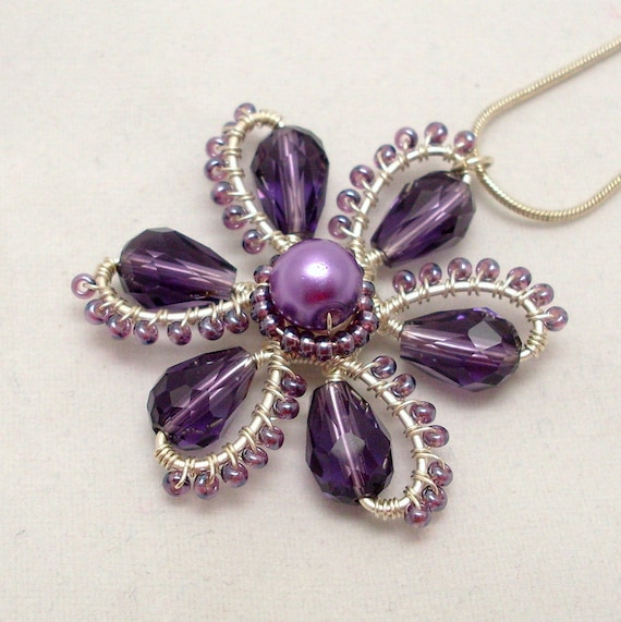 Purple Flower Pendant Necklace Wire Wrapped Jewelry