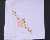 EmbroideredVintage Cotton Handkerchief White Yellow Orange Brown  Vintage Hankie Enbridered Flowers - State Sale